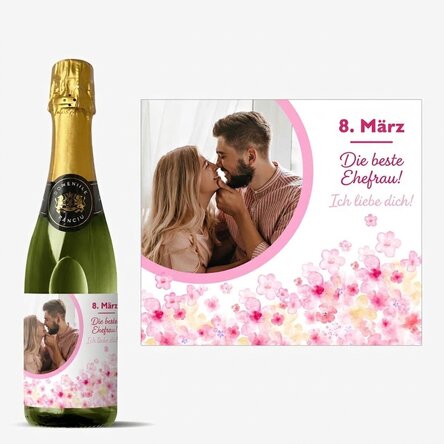 Mittlere Sektflasche, individuell gestaltet mit Text und Foto – Blumen