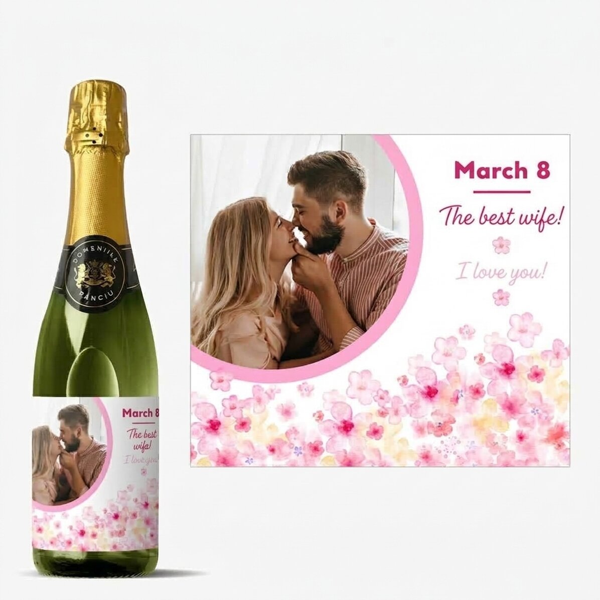 Mittlere Sektflasche, individuell gestaltet mit Text und Foto – Blumen