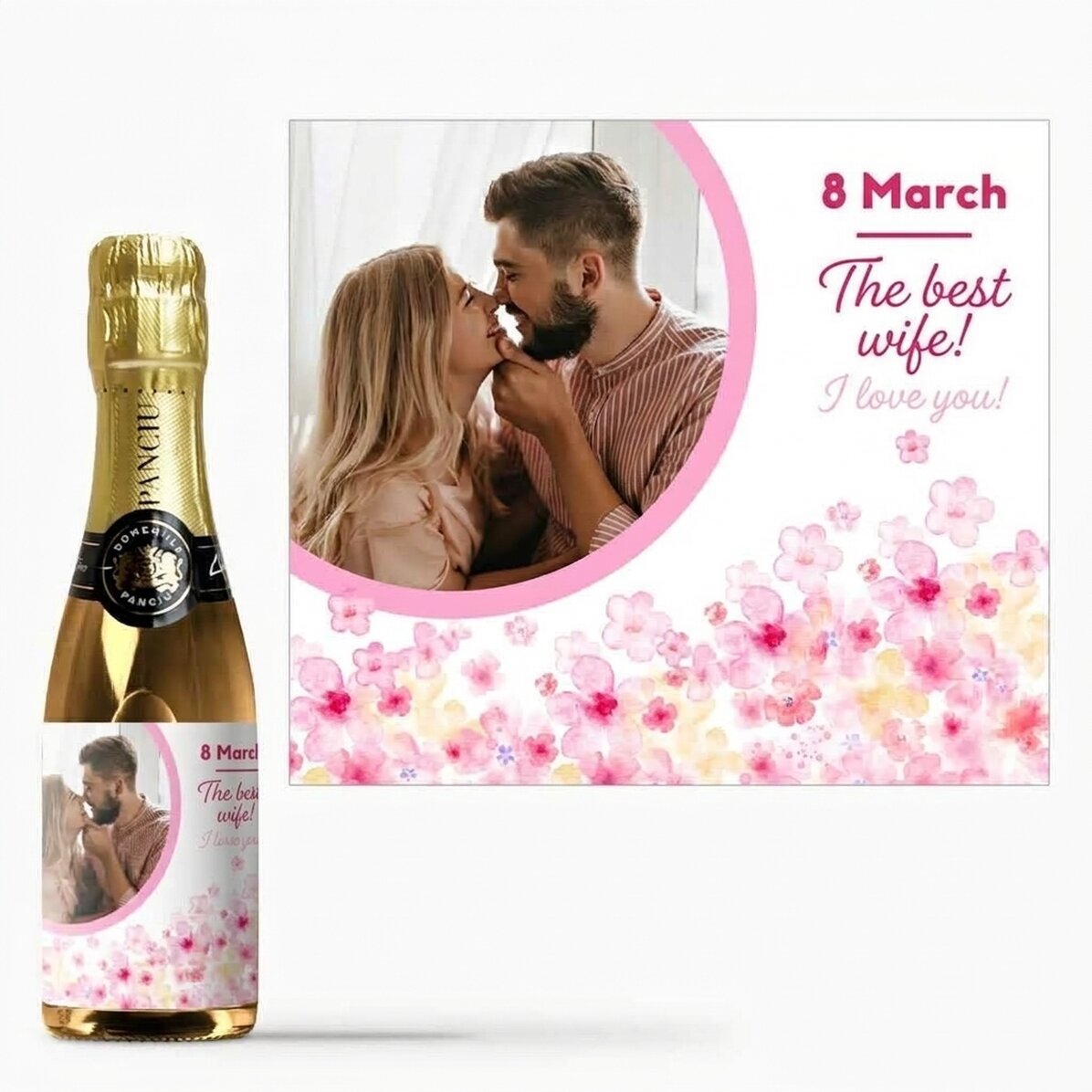 Mini bottle of sparkling wine personalised with text and photo - Flowers