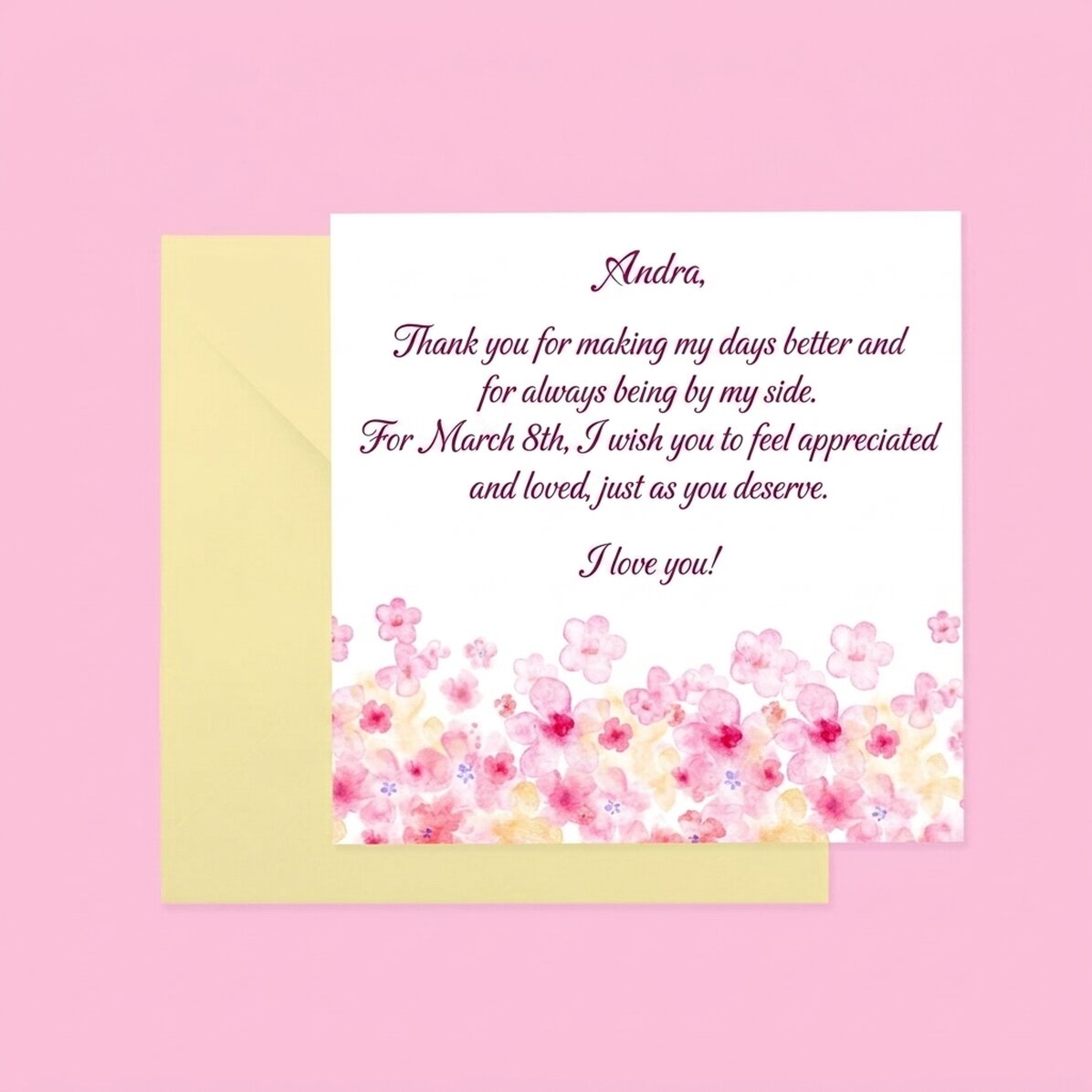 Individuell gestaltete quadratische Karte mit Text – Blumen
