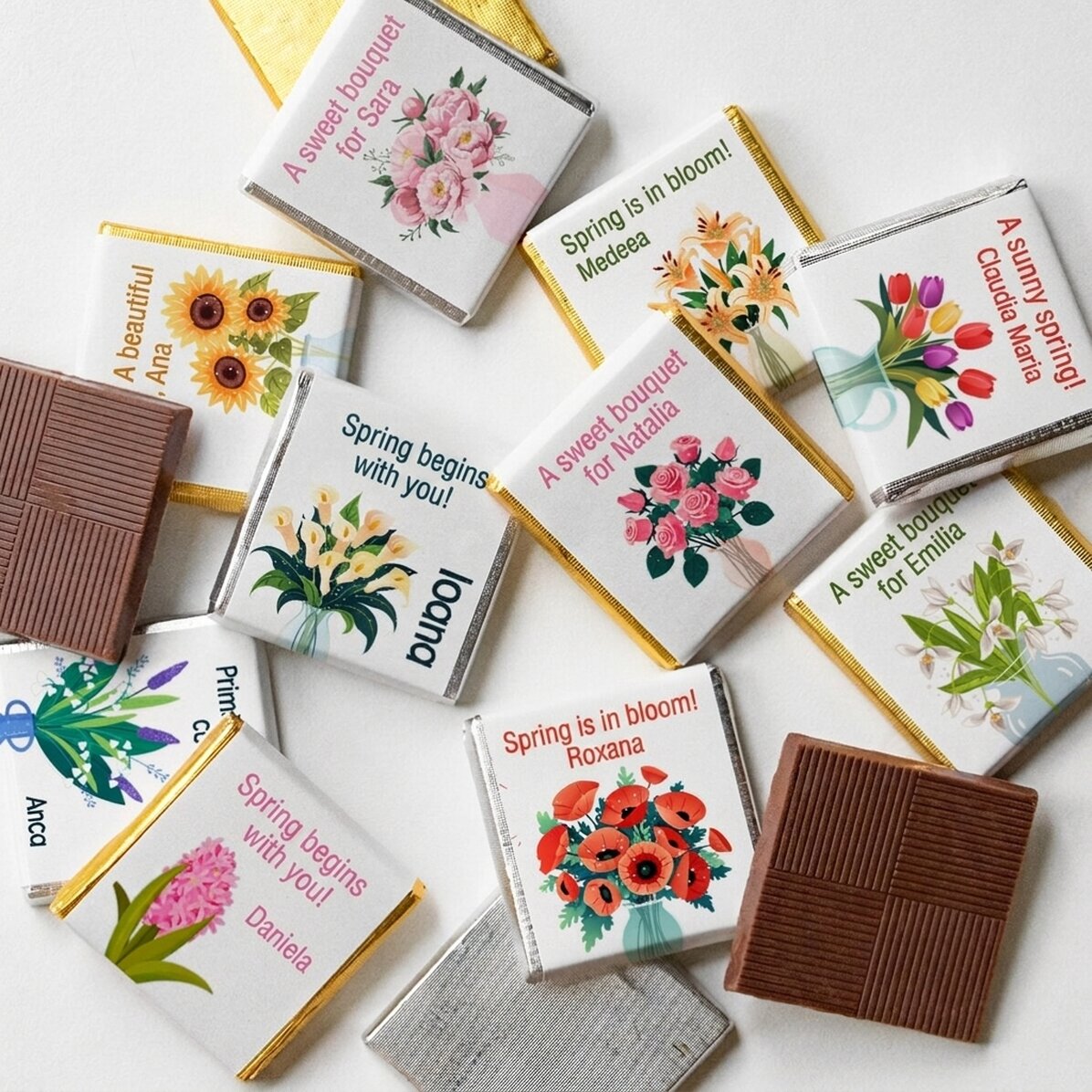 10er-Set personalisierte Mini-Pralinen mit Text – Flowers