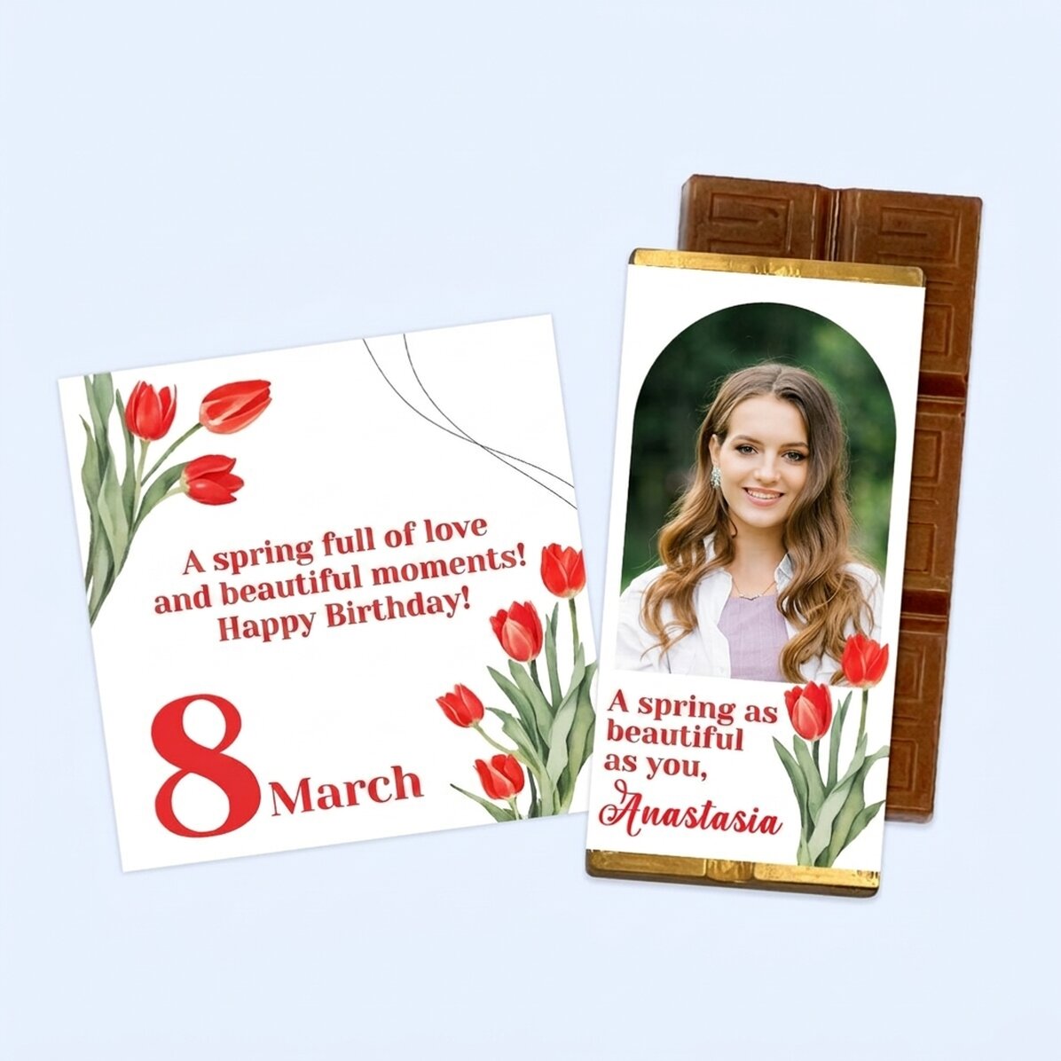 Geschenkset zum 8. März mit Magnet und personalisierter Mini-Schokoladentafel