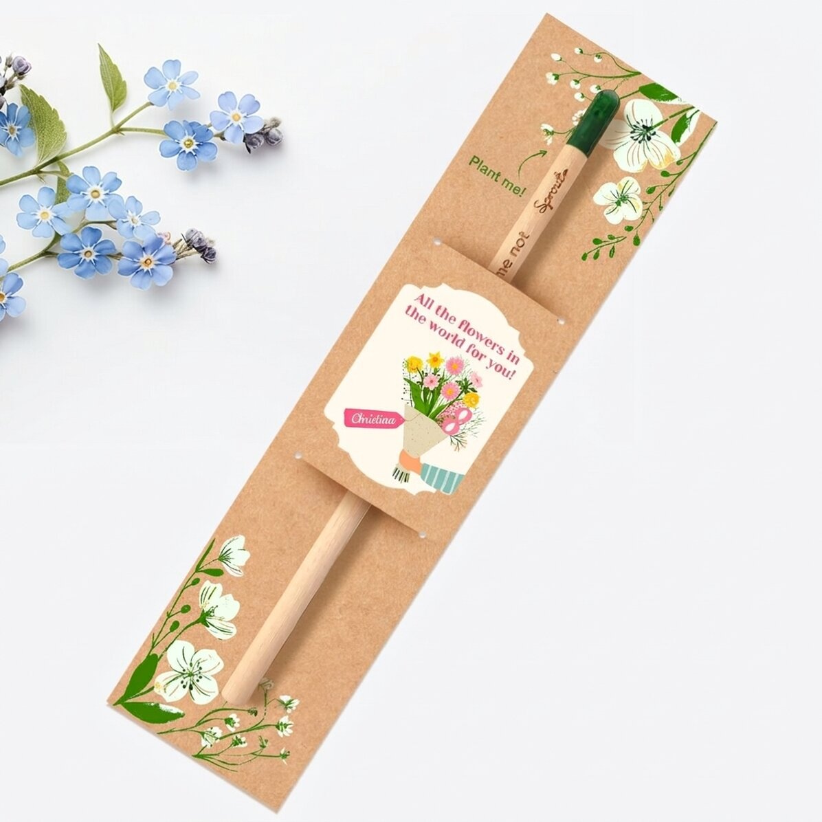 Personalisierter pflanzbarer Bleistift mit einer Botschaft zum 8. März – Blumenstrauß