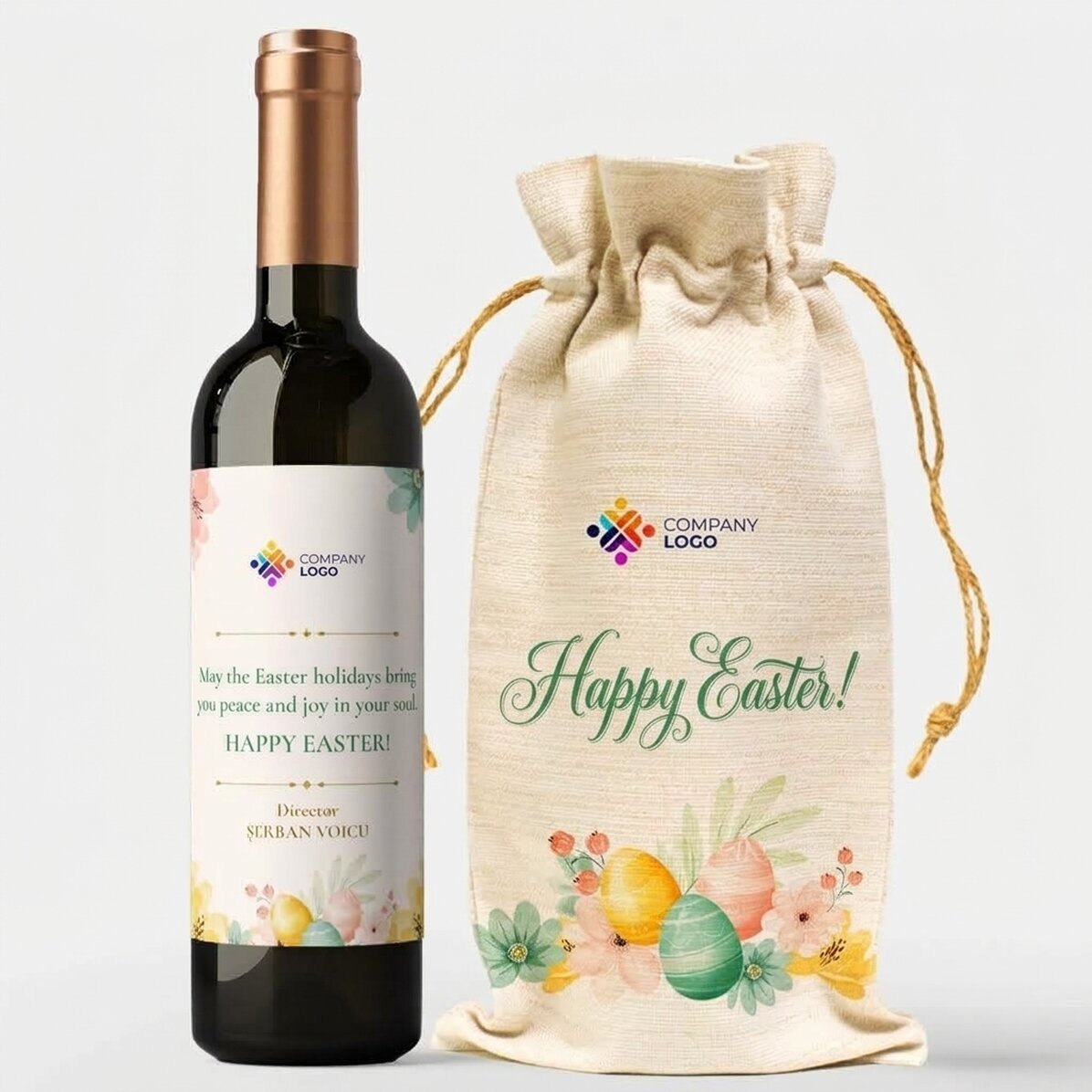 Geschenkset mit personalisierter Weinflasche und Weintasche mit Logo – Frohe Ostern!