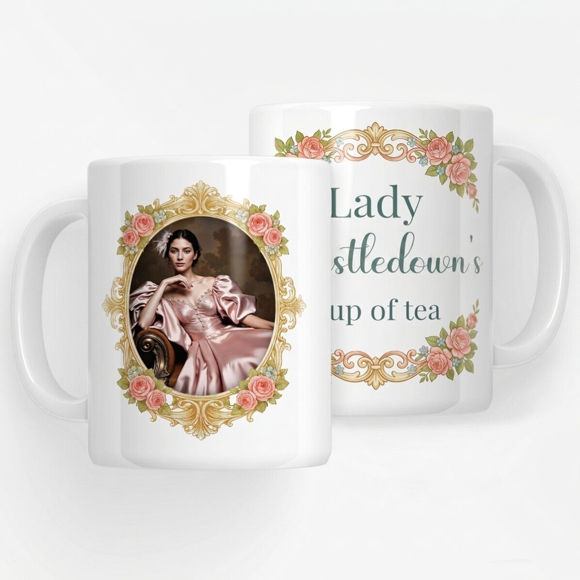 Personalisierte Tasse mit Foto und Text – Bridgerton-Design