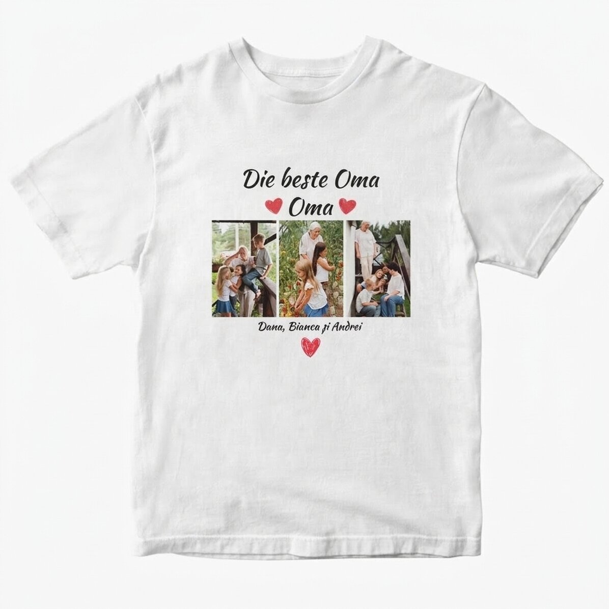 Personalisiertes Baumwoll-T-Shirt mit 3 Fotos und Text – Die besten Großeltern