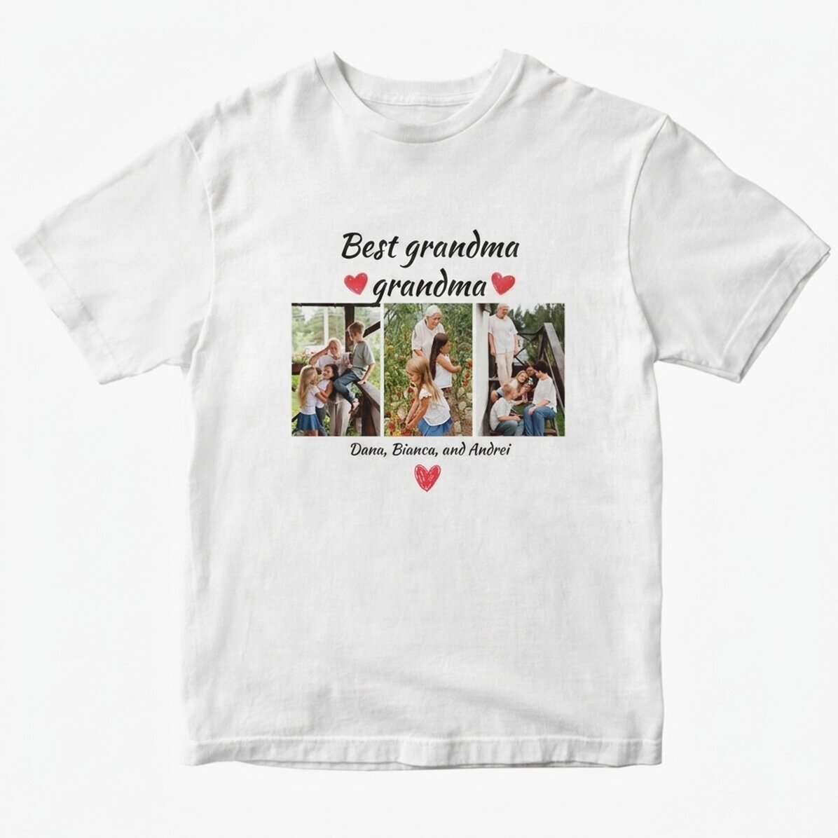 Personalisiertes Baumwoll-T-Shirt mit 3 Fotos und Text – Die besten Großeltern