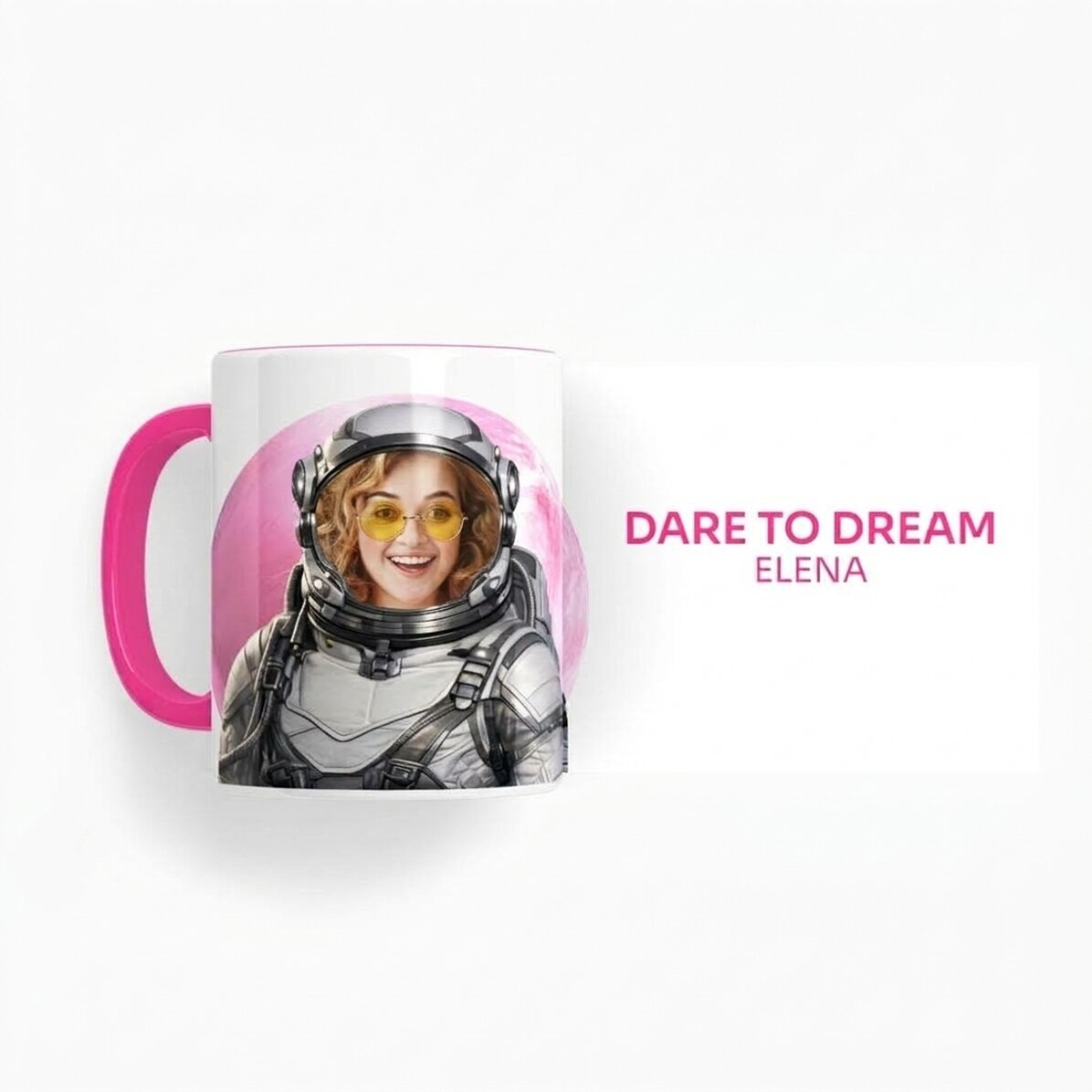 Personalisierte Tasse mit Foto und Text – Dare to Dream – Choose your planet