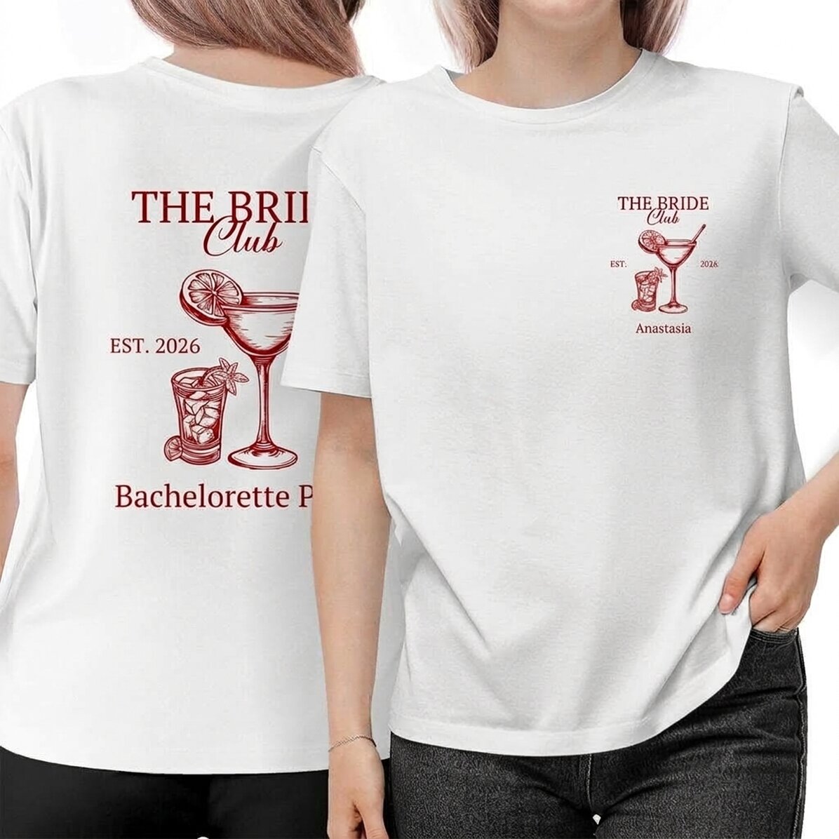 Personalisiertes Baumwoll-T-Shirt, beidseitig bedruckt – The Bride Club
