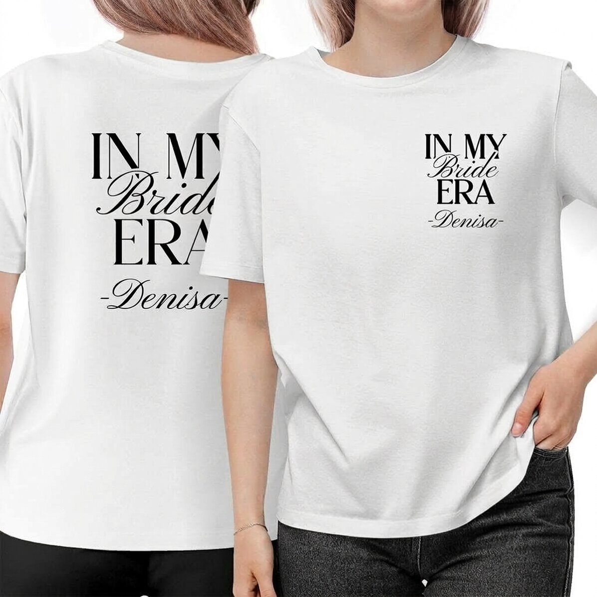 Beidseitig bedrucktes, personalisiertes Baumwoll-T-Shirt mit Namen – Bride Era