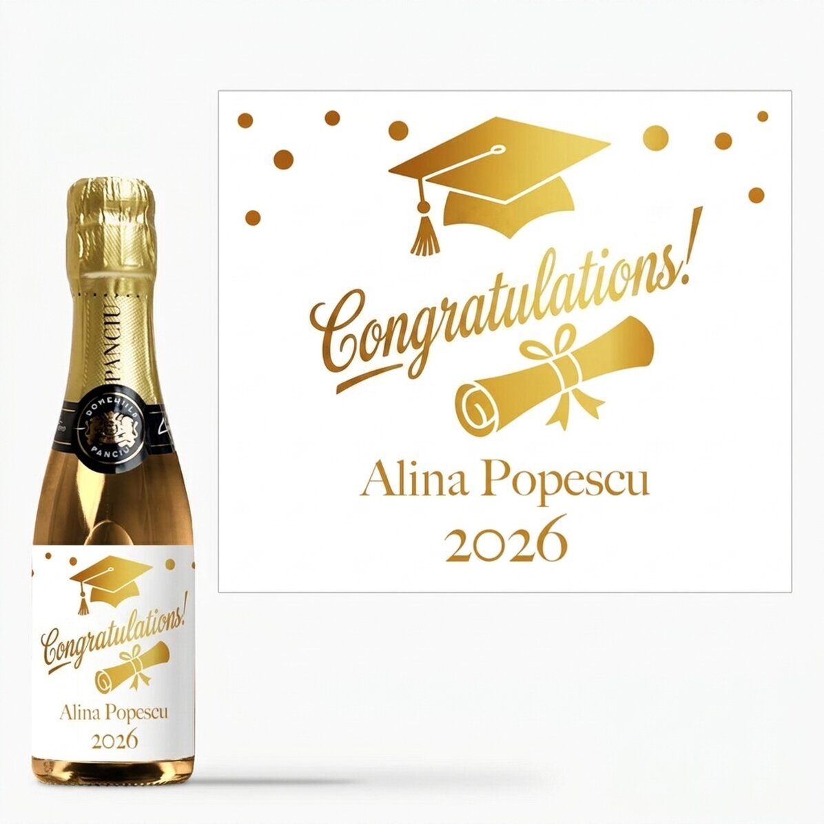 Kleine Flasche Sekt mit personalisiertem Text zum Schulabschluss – Gold