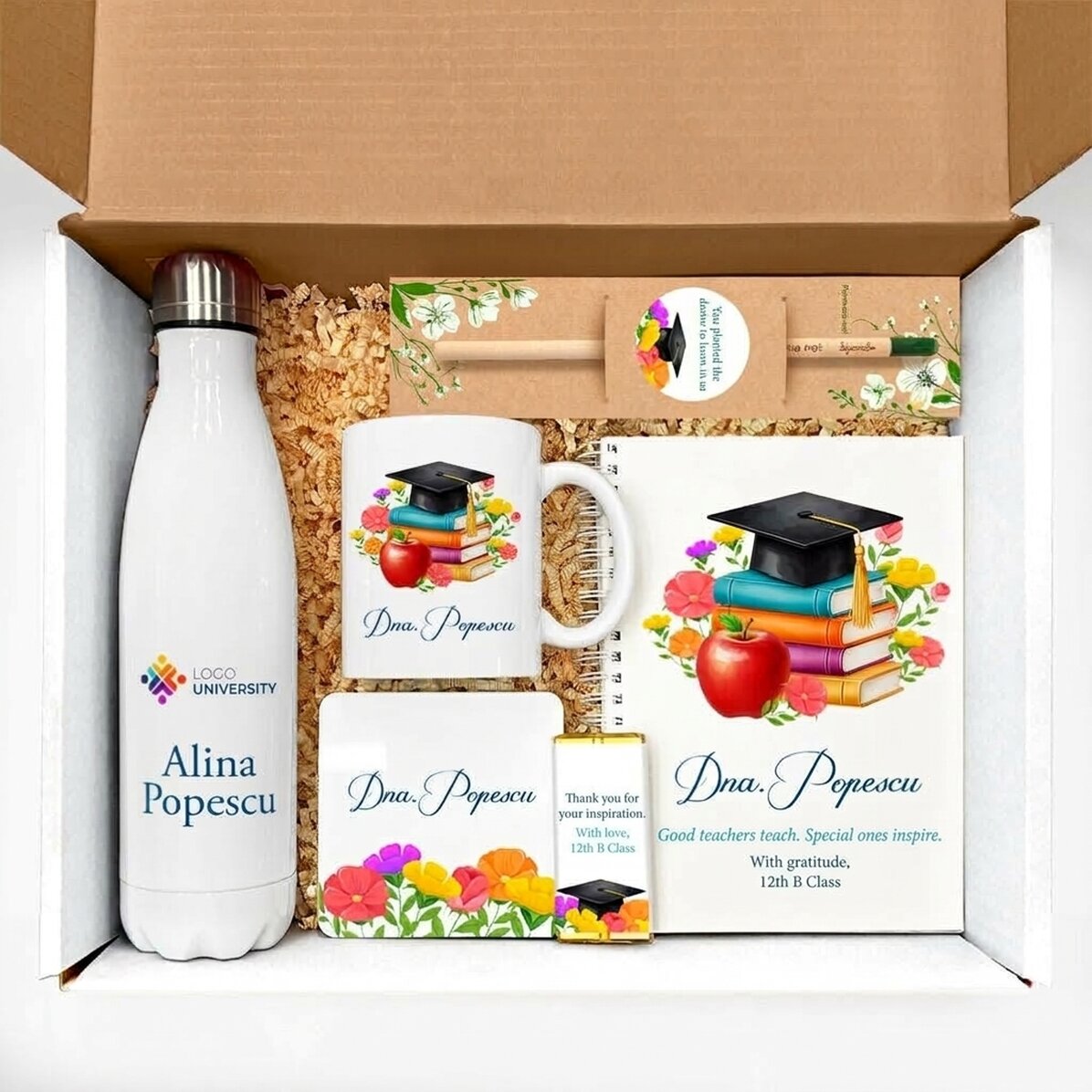 Personalisiertes Geschenkset für Lehrerinnen mit persönlicher Botschaft und Logo
