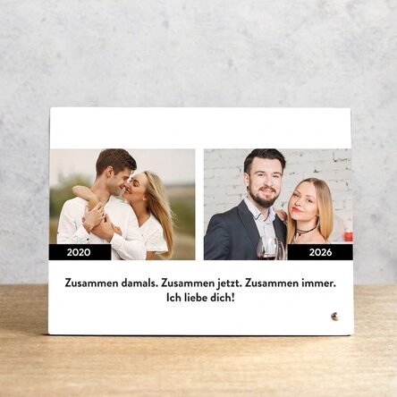 Personalisierter Fotorahmen für den Schreibtisch mit Text und 2 Fotos – Damals und heute