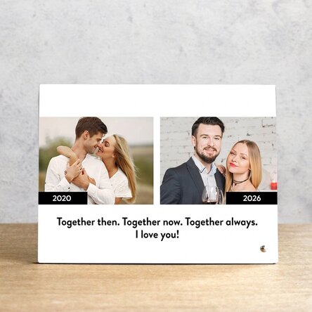 Personalisierter Fotorahmen für den Schreibtisch mit Text und 2 Fotos – Damals und heute