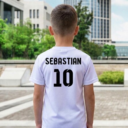 Children's sports T-shirt, personalised on the back with name and number – football design
