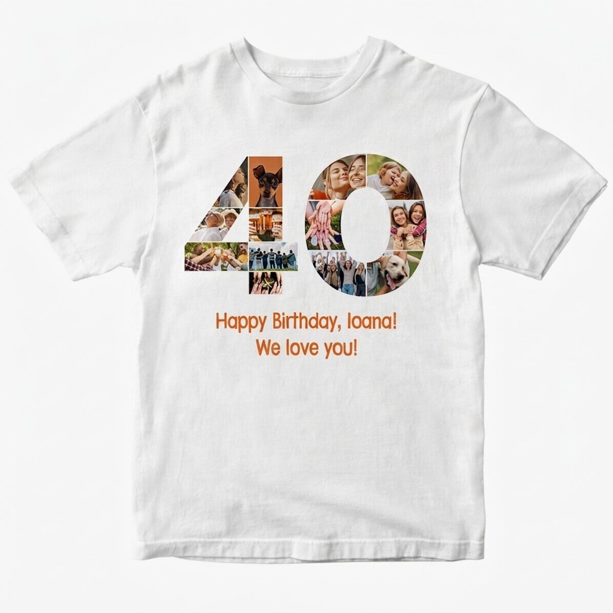 Personalisiertes Baumwoll-T-Shirt mit 13 Fotos und einer Botschaft – 40 Jahre
