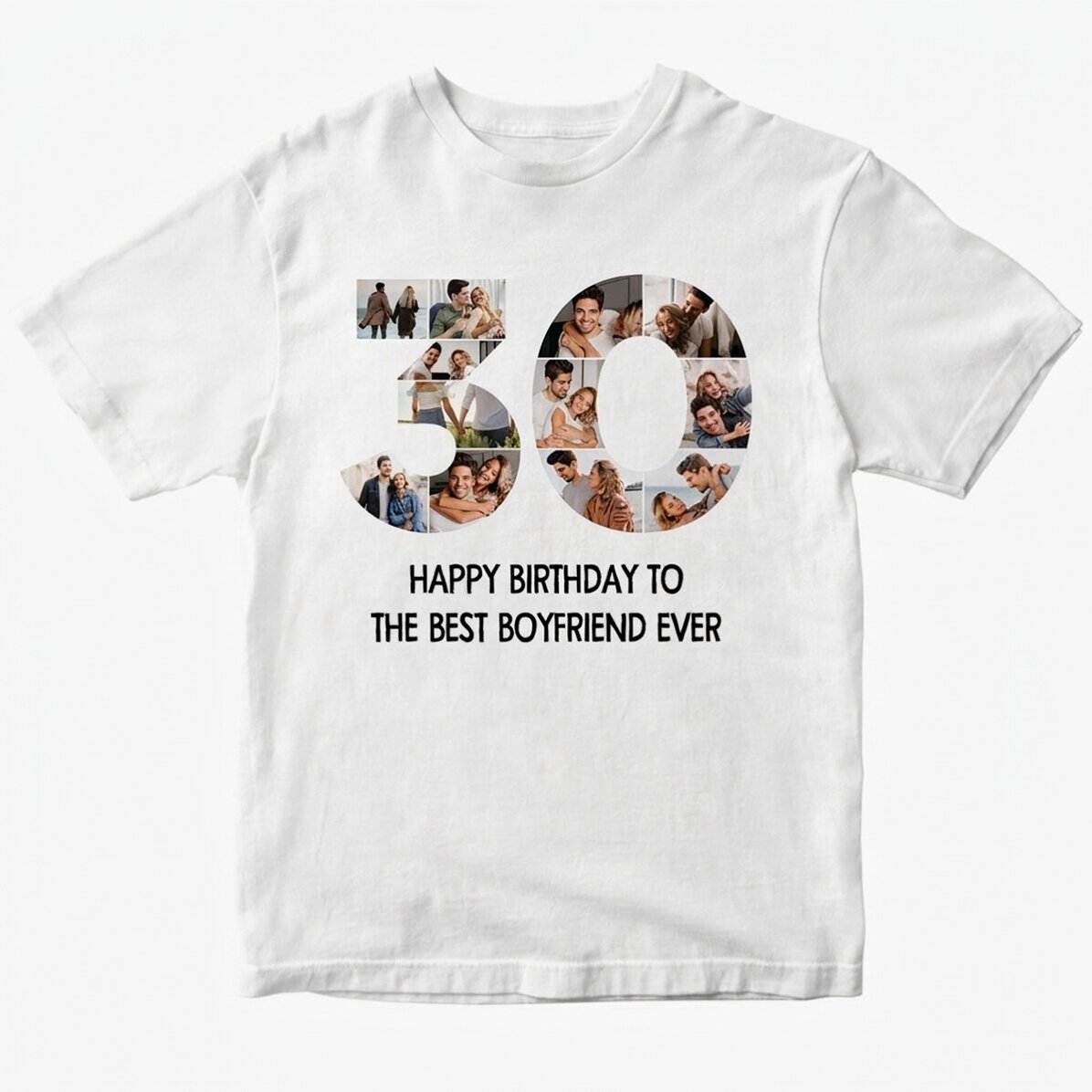 Personalisiertes Baumwoll-T-Shirt mit 12 Fotos und einer Botschaft – 30 Jahre