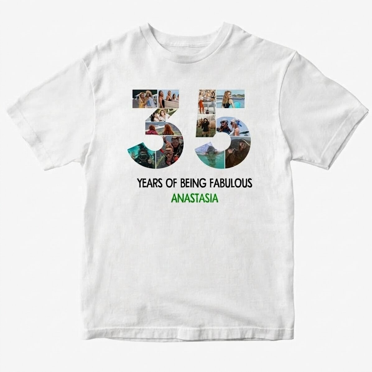 Personalisiertes Baumwoll-T-Shirt mit 12 Fotos und einer Botschaft – 35 Jahre