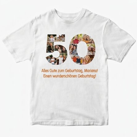 Personalisiertes Baumwoll-T-Shirt mit 12 Fotos und einer Botschaft – 50 Jahre