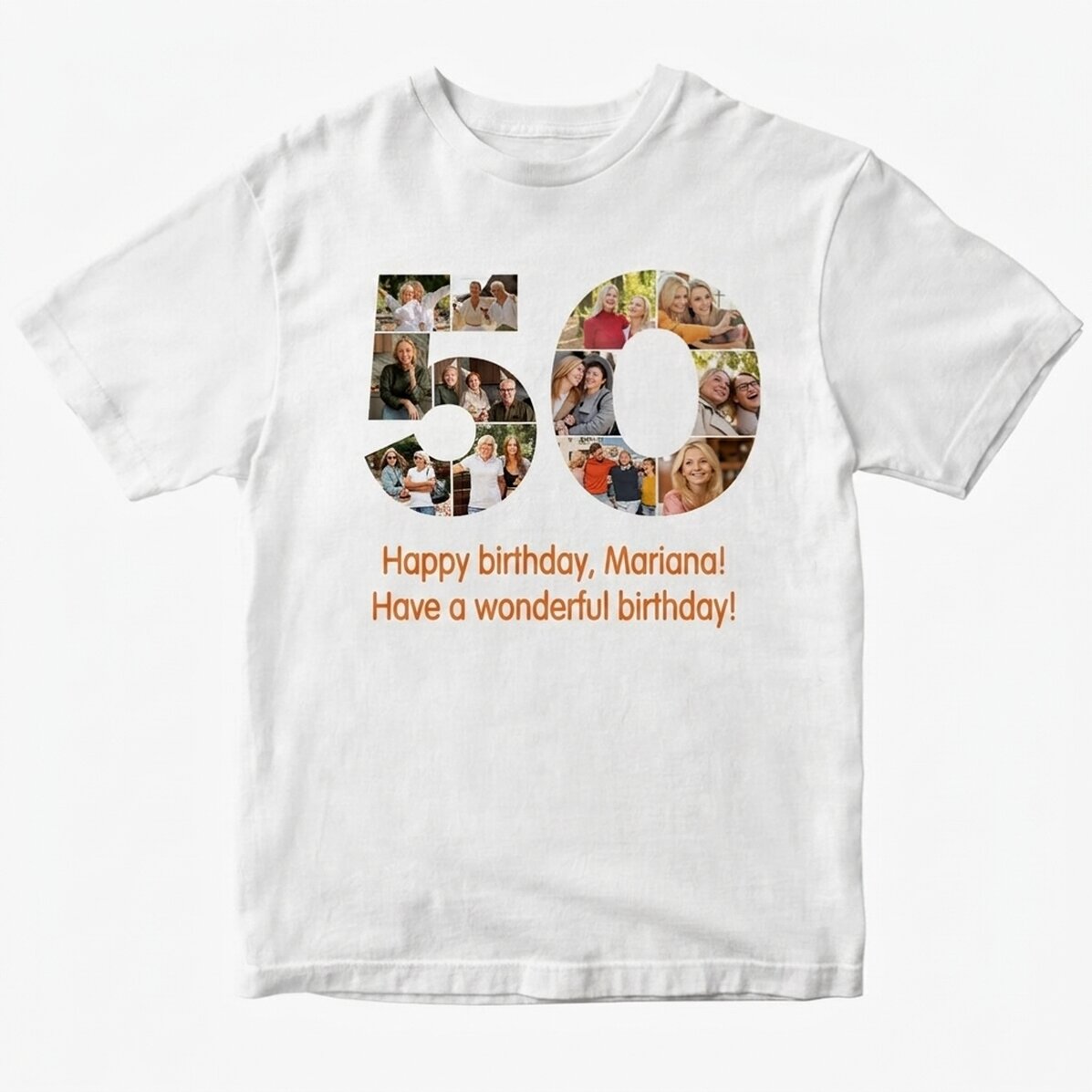 Personalisiertes Baumwoll-T-Shirt mit 12 Fotos und einer Botschaft – 50 Jahre