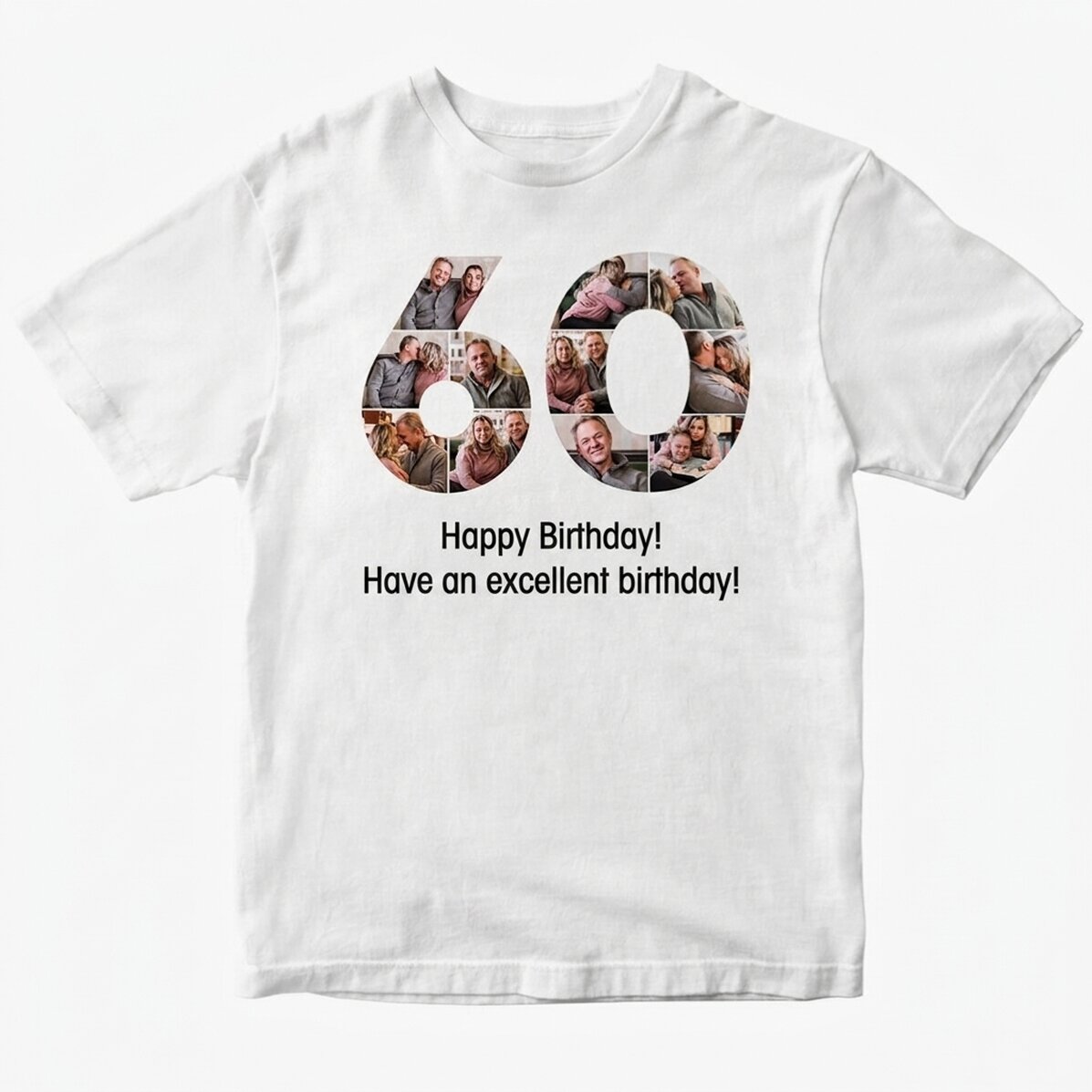 Personalisiertes Baumwoll-T-Shirt mit 11 Fotos und einer Botschaft – 60 Jahre
