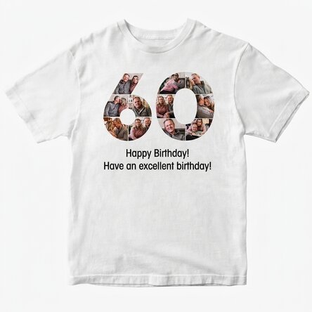 Personalisiertes Baumwoll-T-Shirt mit 11 Fotos und einer Botschaft – 60 Jahre
