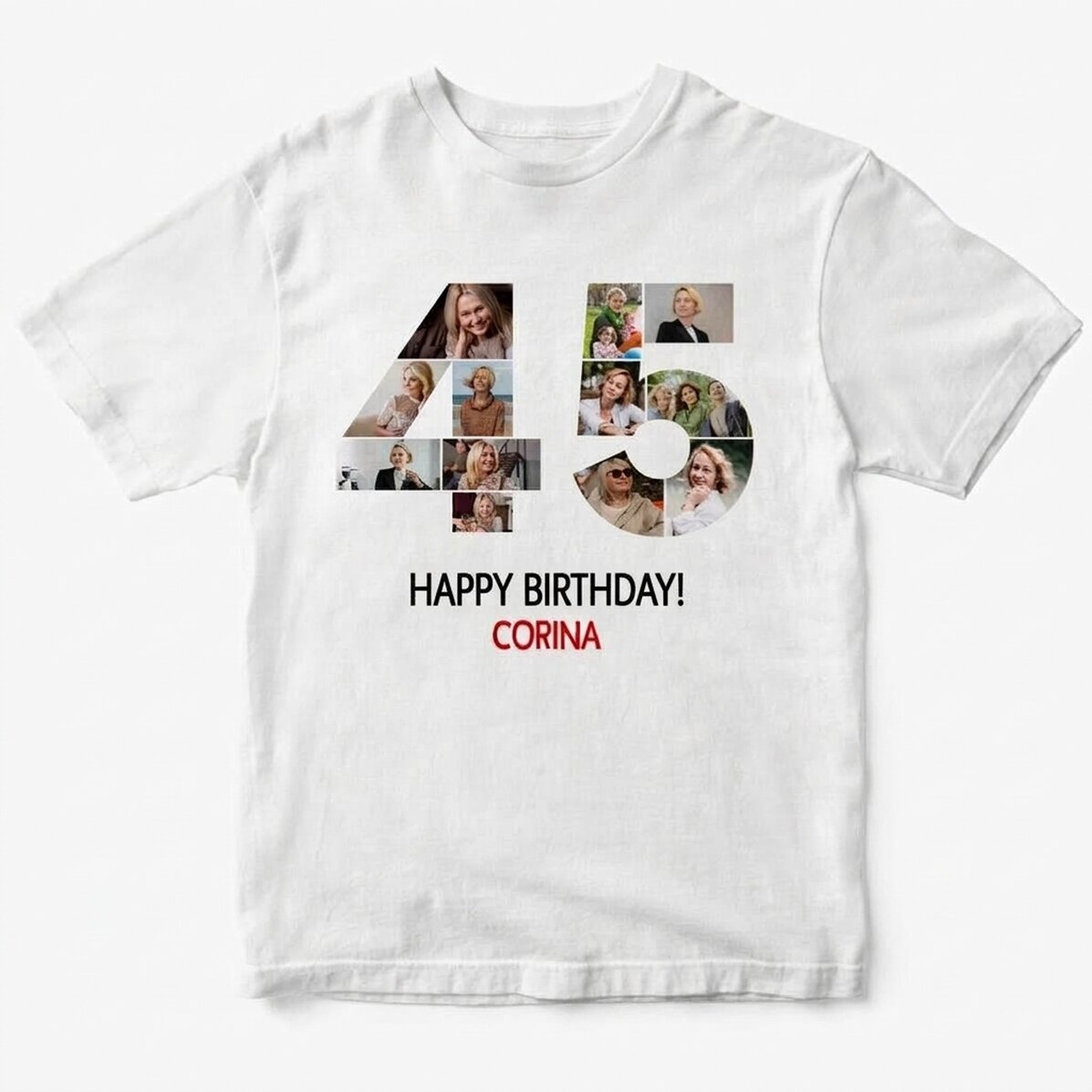 Personalisiertes Baumwoll-T-Shirt mit 12 Fotos und einer Botschaft – 45 Jahre