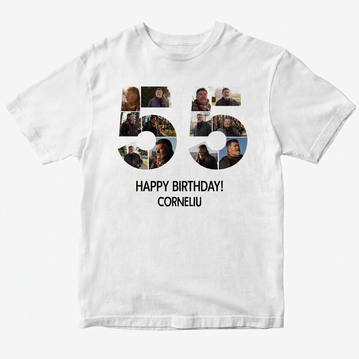 Personalisiertes Baumwoll-T-Shirt mit 12 Fotos und einer Botschaft – 55 Jahre