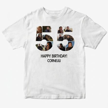 Personalisiertes Baumwoll-T-Shirt mit 12 Fotos und einer Botschaft – 55 Jahre