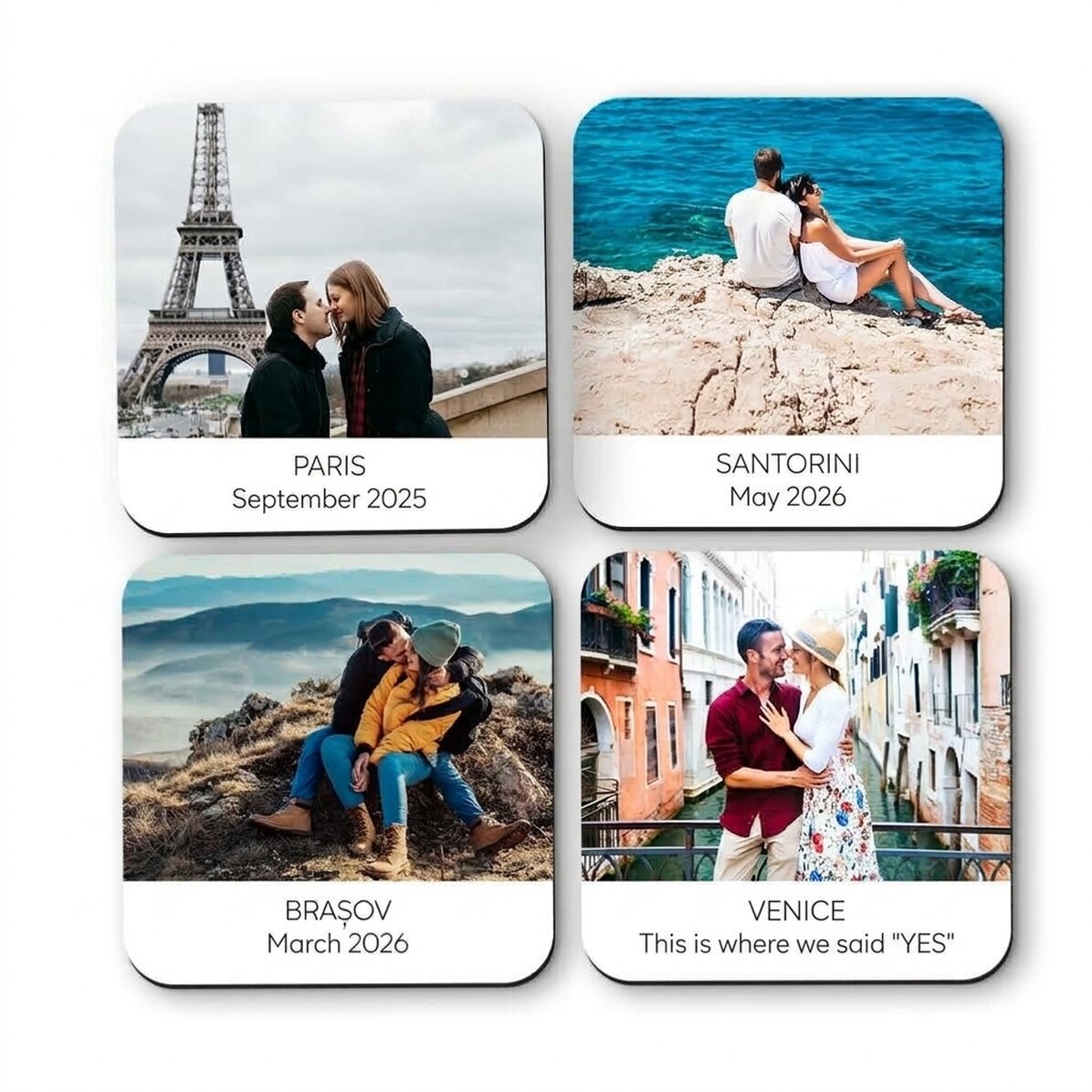 Set mit 4 personalisierten Untersetzern mit Text und Bildern