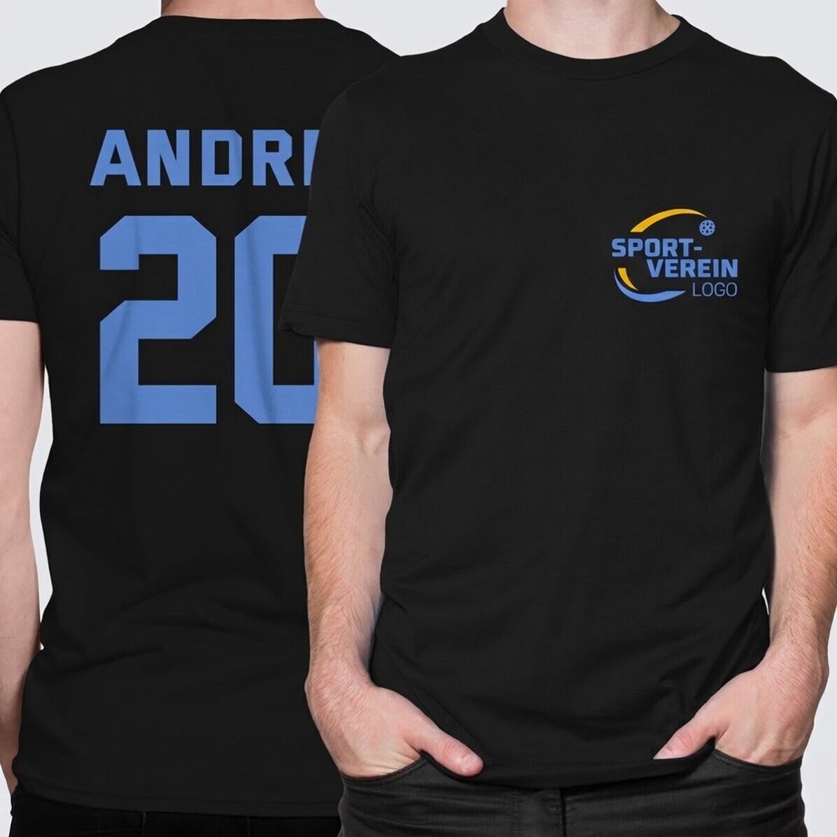 Personalisiertes Baumwoll-T-Shirt mit Logo auf der Vorderseite und Nummer auf der Rückseite