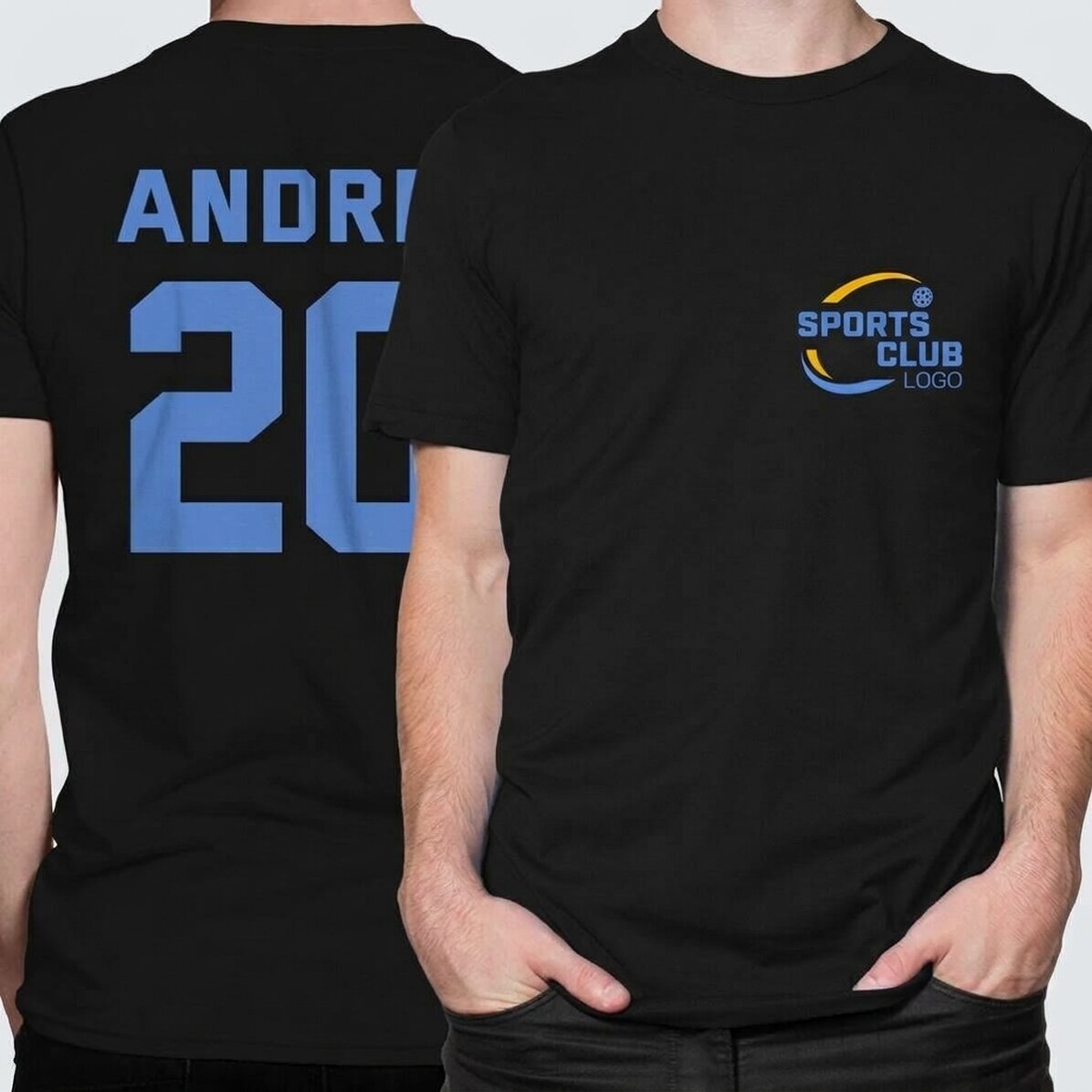 Personalisiertes Baumwoll-T-Shirt mit Logo auf der Vorderseite und Nummer auf der Rückseite