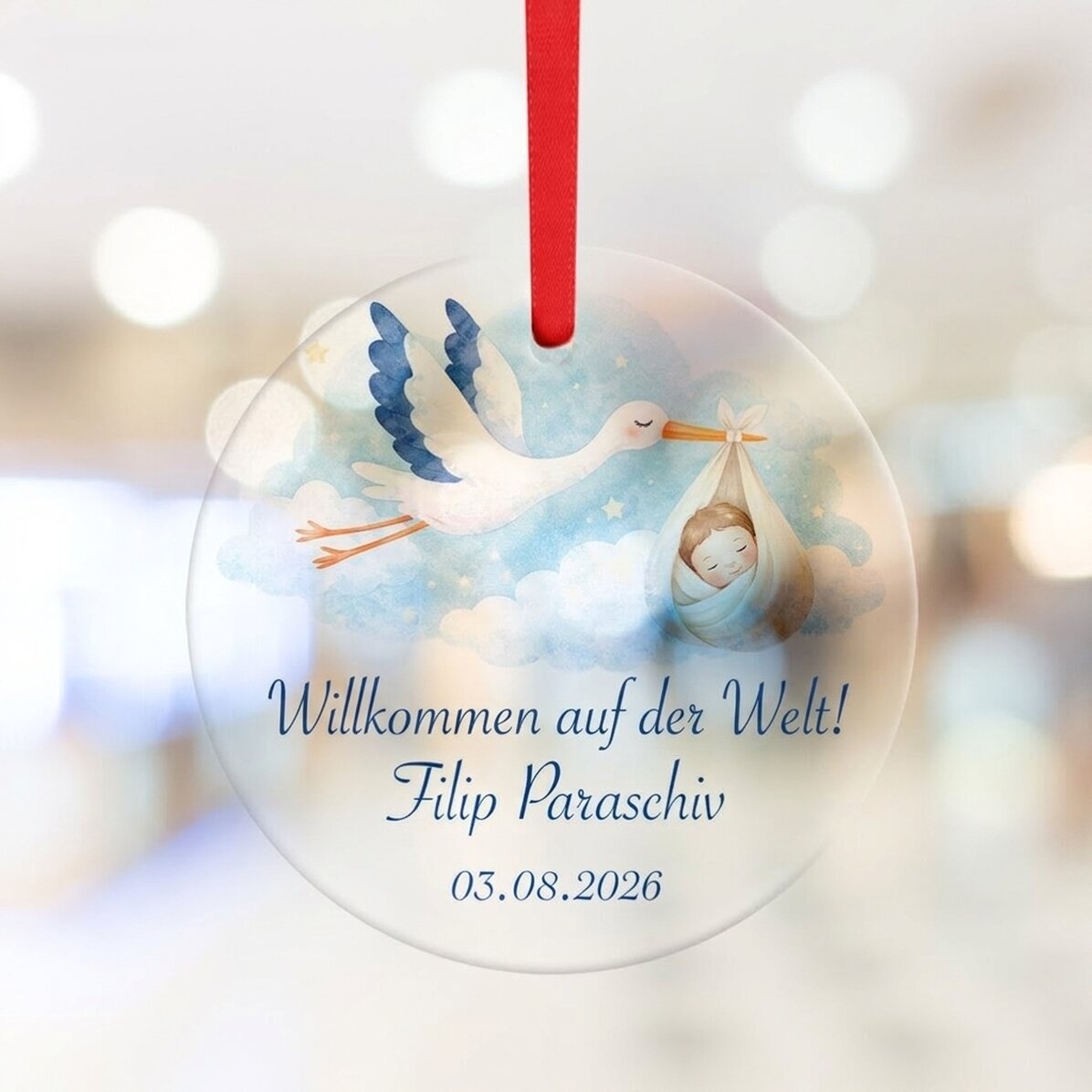 Individuell gestaltetes rundes Ornament mit Text – Willkommen auf der Welt