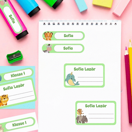 Set mit 14 individuell gestalteten Aufklebern für die Schule, für Hefte und Schulmaterial