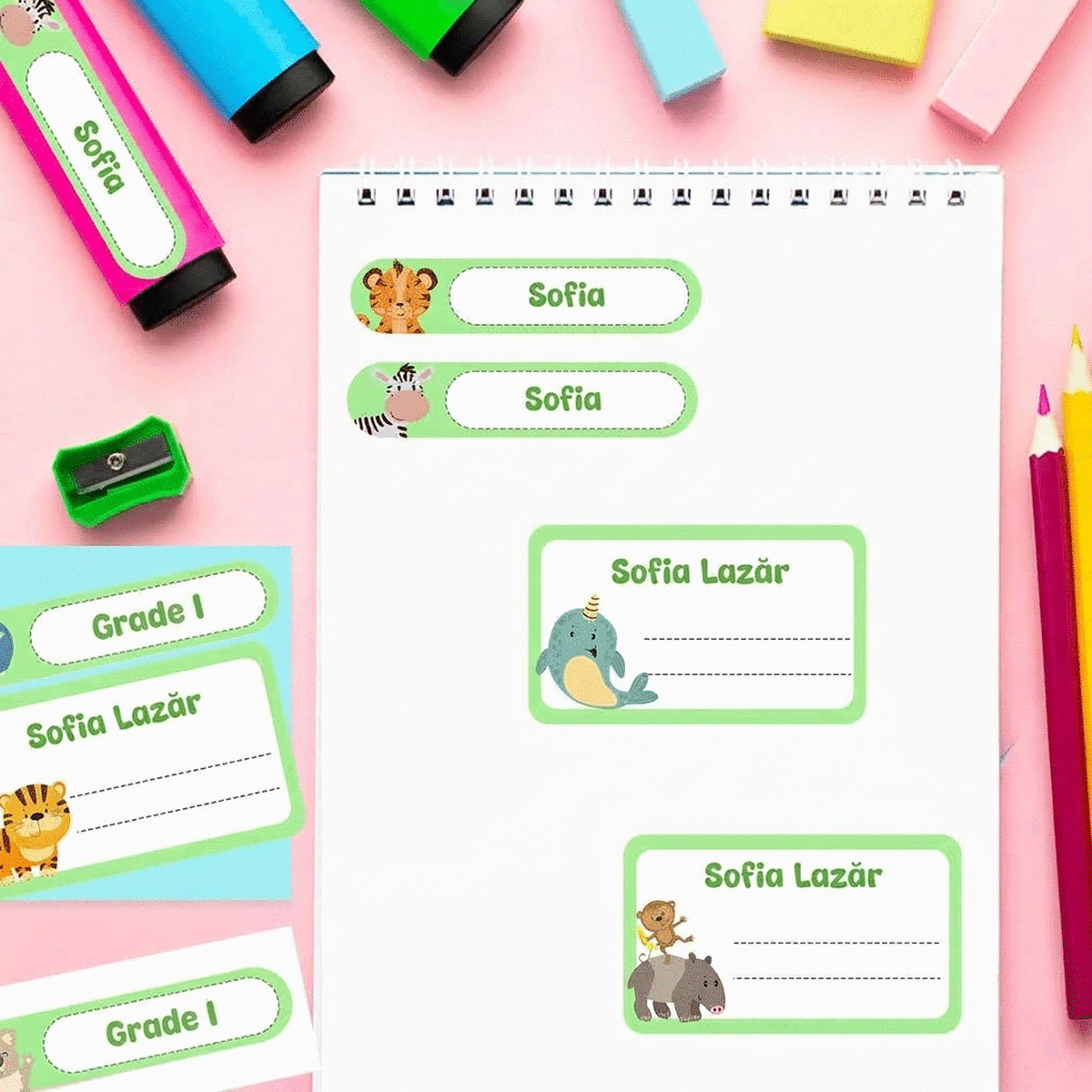Set mit 14 individuell gestalteten Aufklebern für die Schule, für Hefte und Schulmaterial