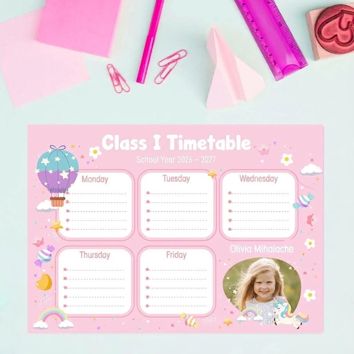 Individuell gestalteter Stundenplan mit Text und Bild – Bonbons und Einhörner