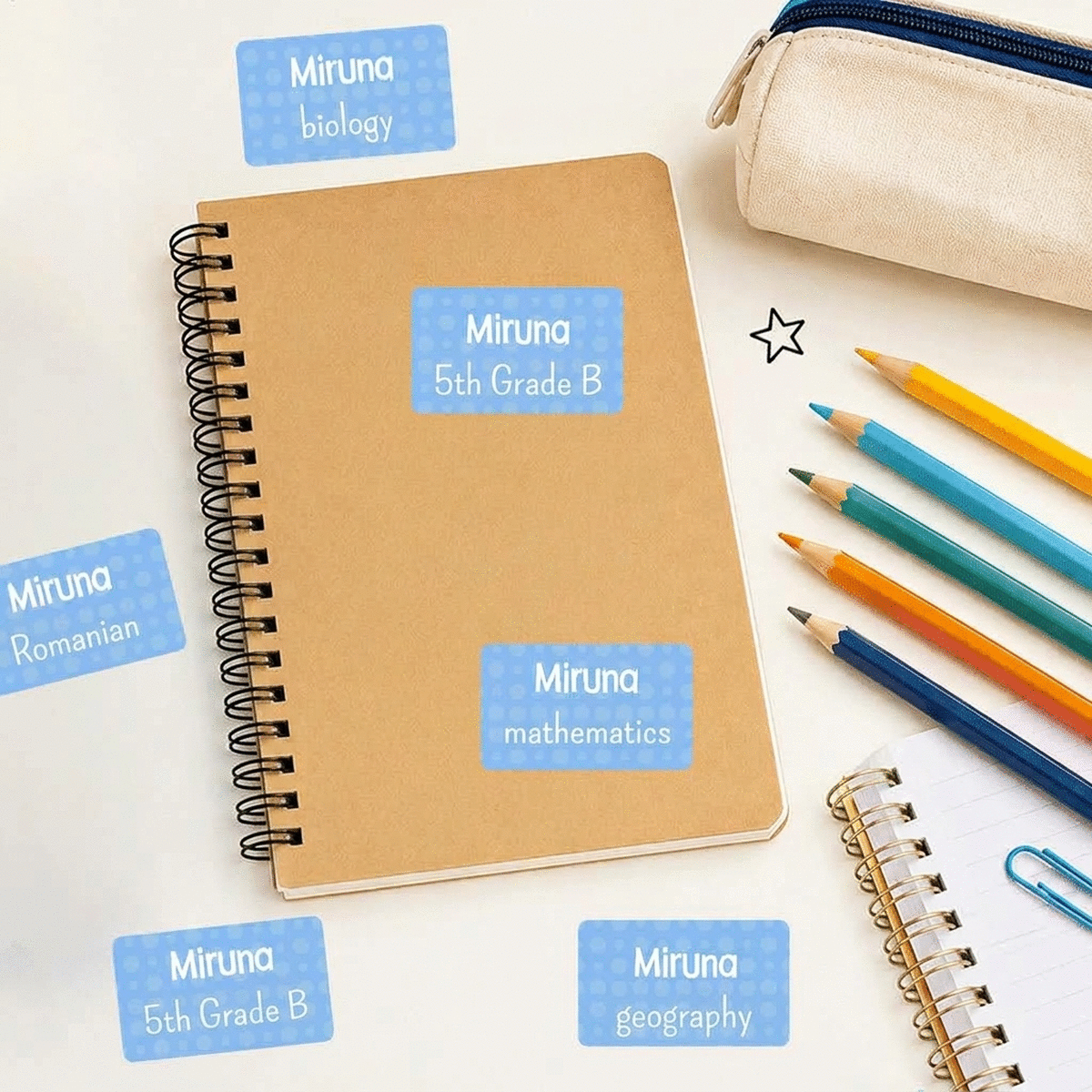 Set mit 18 individuell gestalteten Aufklebern mit Text für die Schule, für Hefte und Schulmaterial