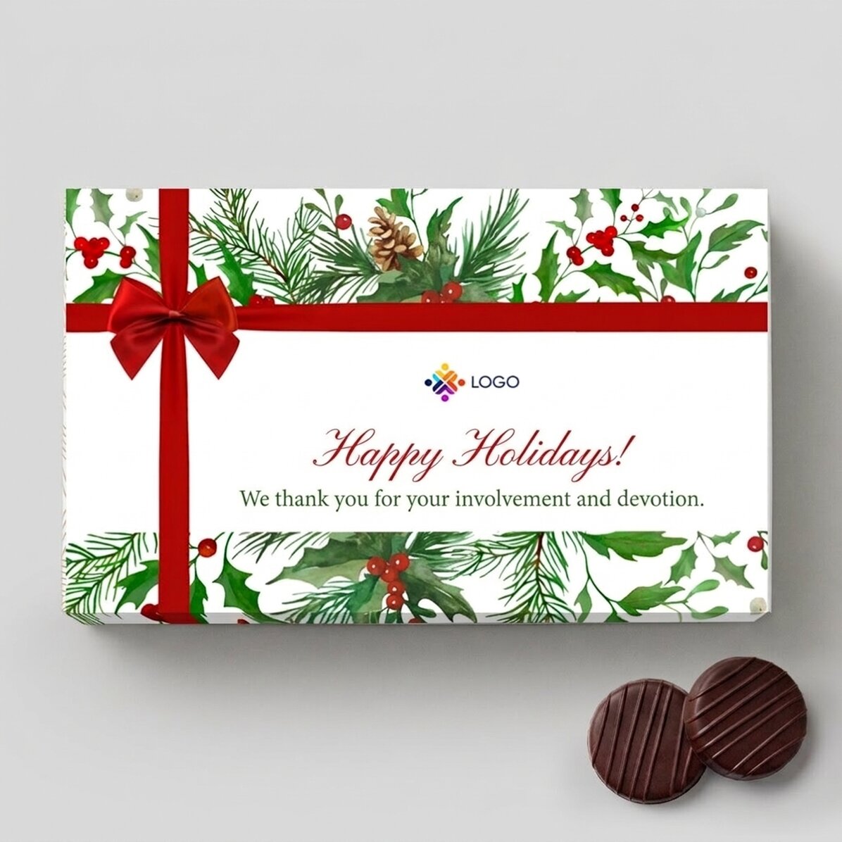 Pralinenschachtel mit Cremefüllung, individuell gestaltet mit Logo und Botschaft – Weihnachtsmodell