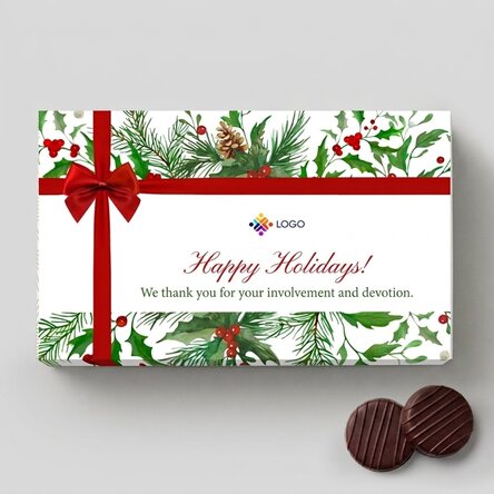 Pralinenschachtel mit Cremefüllung, individuell gestaltet mit Logo und Botschaft – Weihnachtsmodell