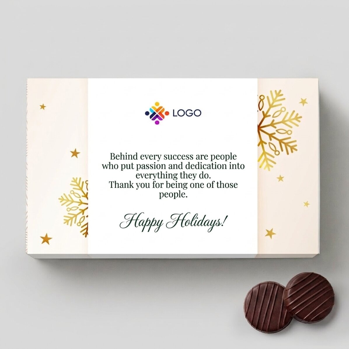 Pralinenschachtel mit Cremefüllung, individuell gestaltet mit Logo und Botschaft – Gold Christmas
