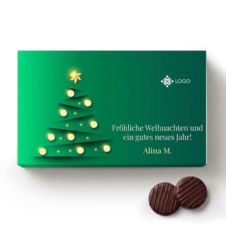 Pralinenschachtel mit Cremefüllung, individuell gestaltet mit Logo und Botschaft – Weihnachtsbaum