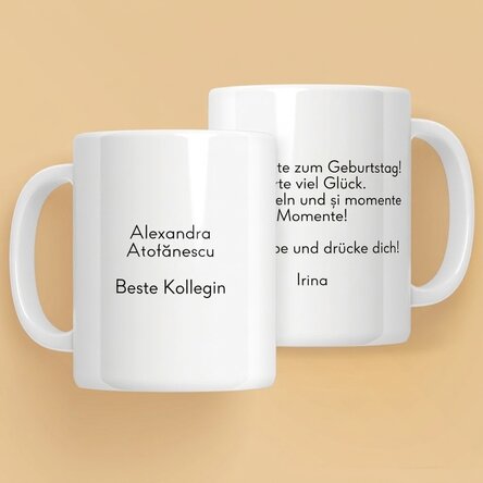 Personalisierter Becher mit Text auf Vorder- und Rückseite