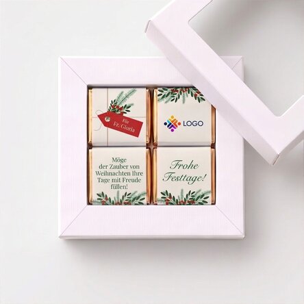 Geschenkbox mit 4 personalisierten Mini-Pralinen mit Logo und Weihnachtsbotschaft