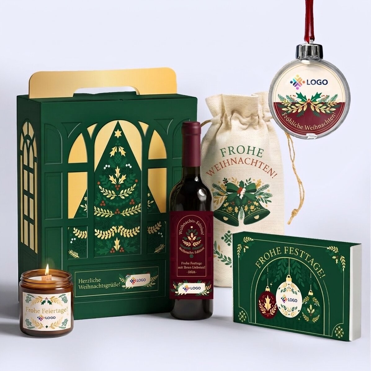 Geschenkbox – Weihnachtsedition mit Produkten, die mit Logo und Botschaft personalisiert sind