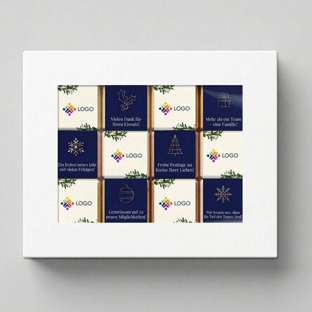 Geschenkbox mit 12 personalisierten Mini-Pralinen mit Logo und Weihnachtsbotschaft