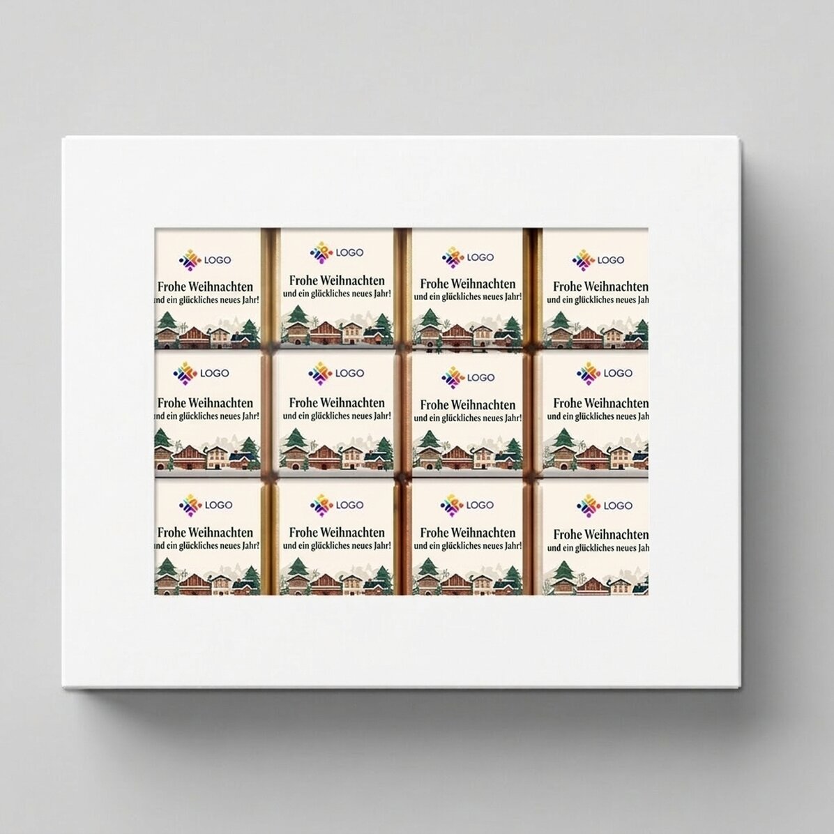 Geschenkbox mit 12 personalisierten Mini-Pralinen mit Logo und Weihnachtsbotschaften