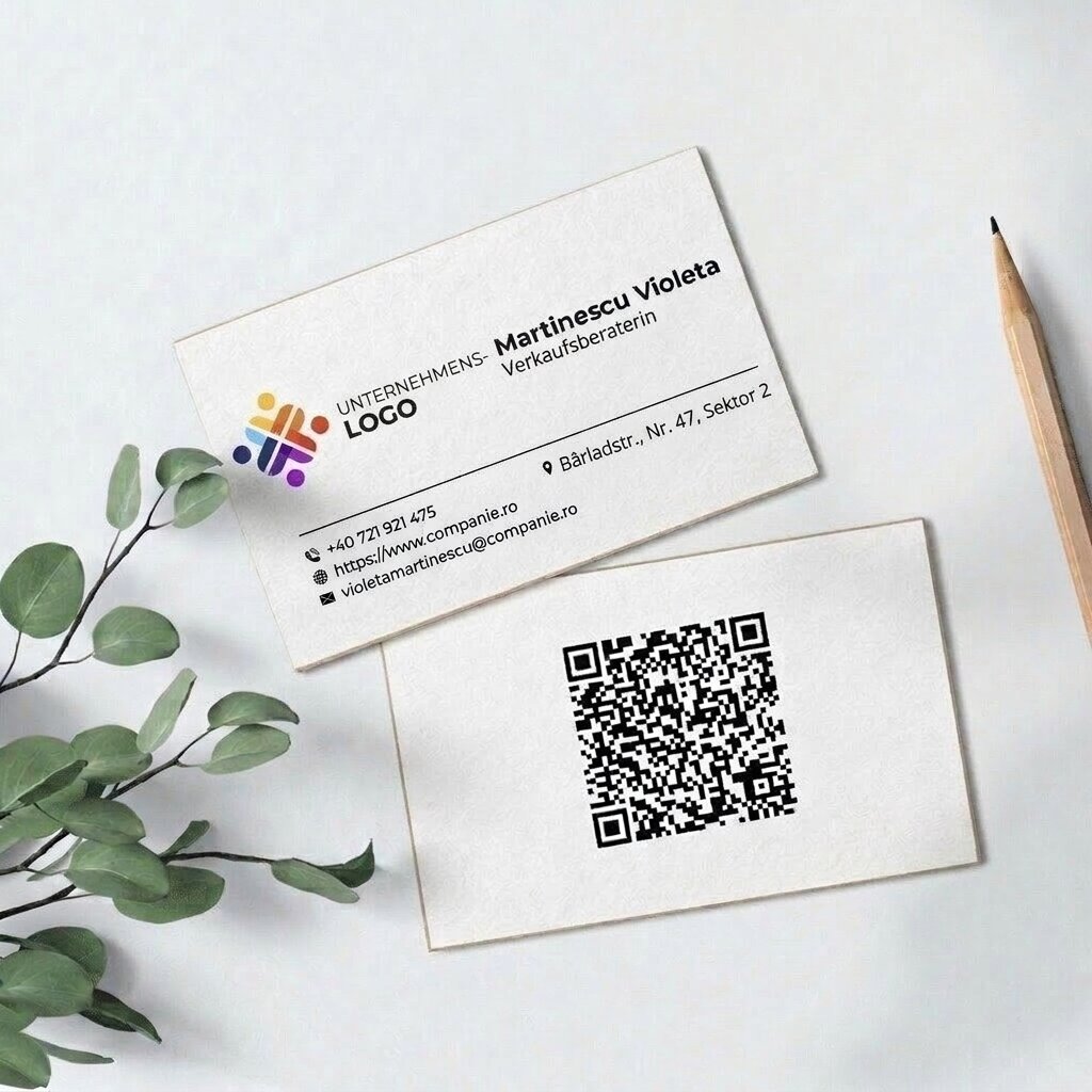 Individuell gestaltete, beidseitig bedruckte Visitenkarten aus Papier mit QR-Code und Kontaktdaten