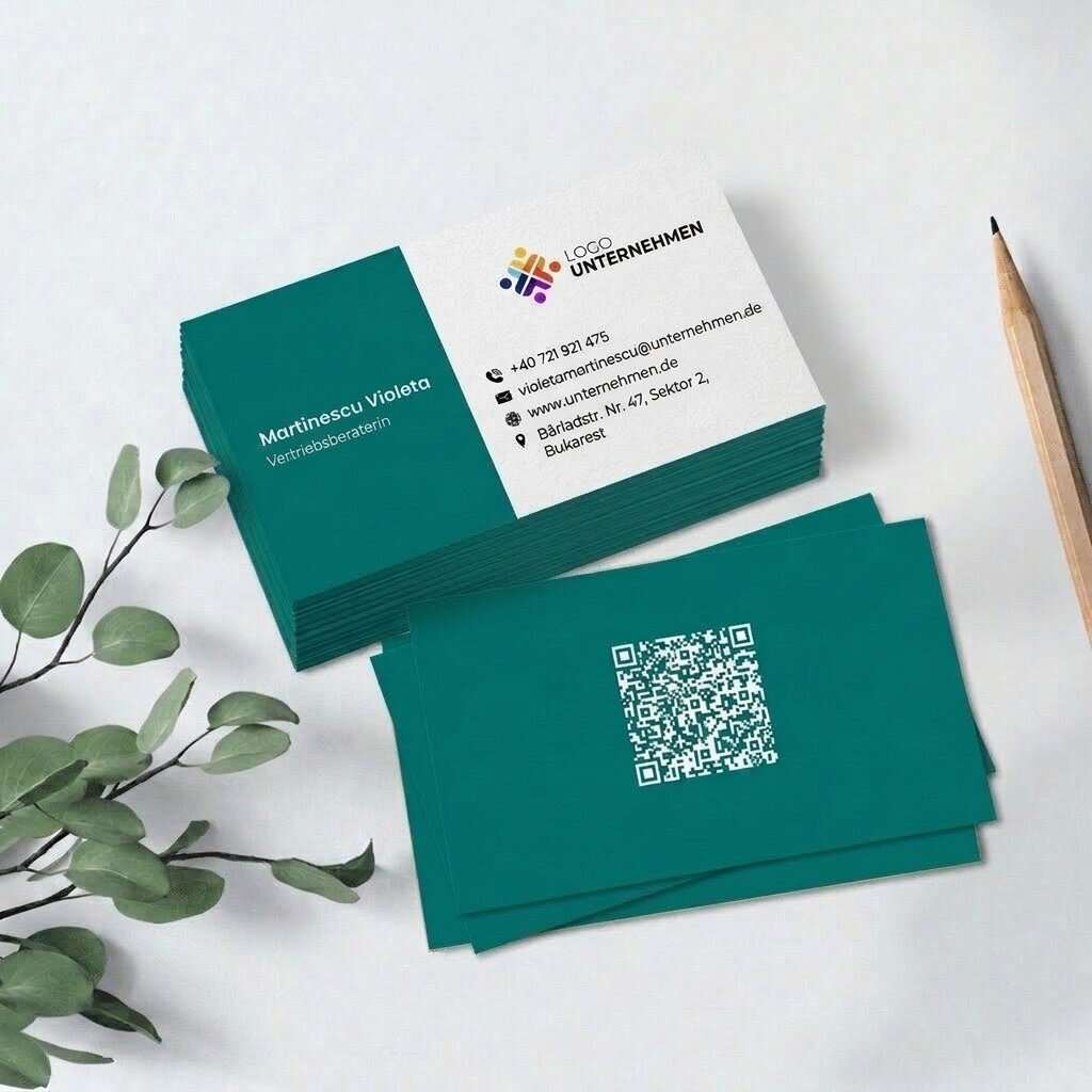 Individuell gestaltete Visitenkarten aus Papier, Design mit farbigem Streifen, Logo und QR-Code