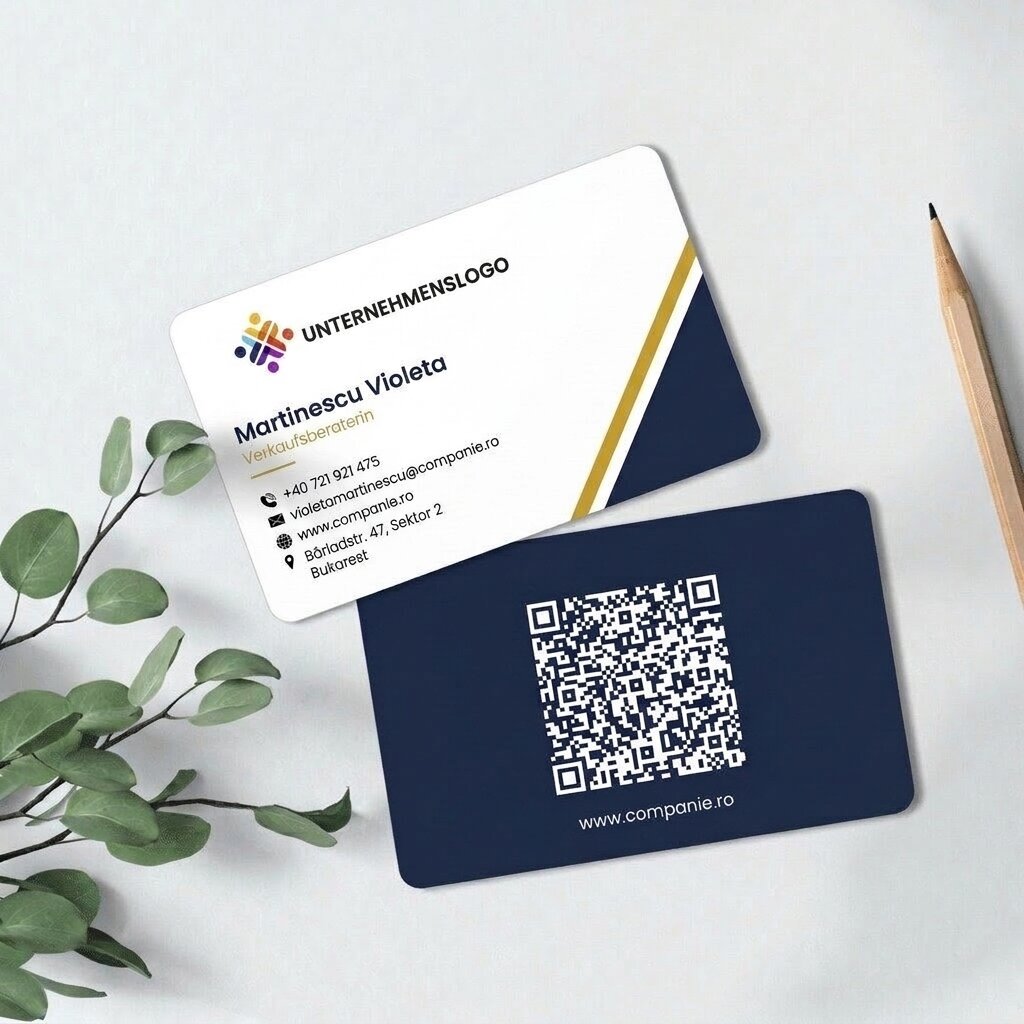 Individuell gestaltete Visitenkarte aus Aluminium, geometrisches Design, Logo und QR-Code