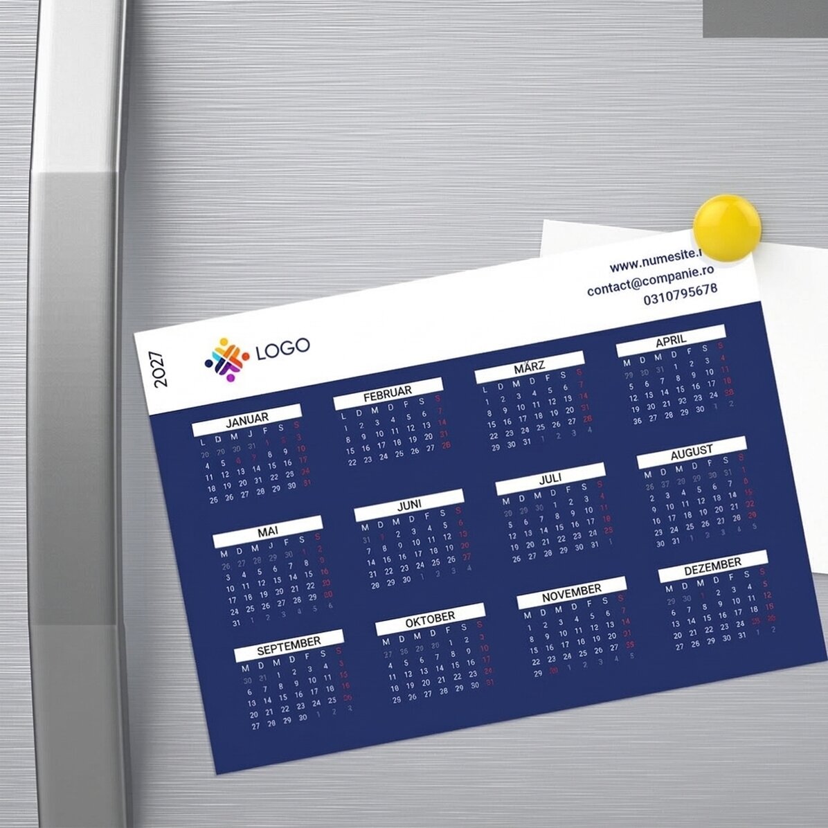Personalisierter Magnetkalender mit Botschaft und Logo